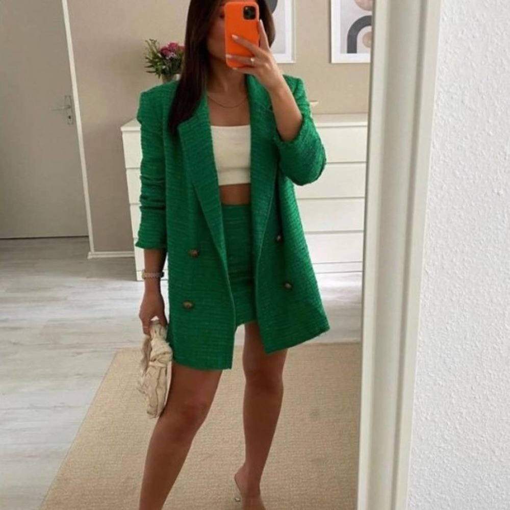 Zara Green Oversized Double Breasted Blazer Fully Lined Silver Buttons Textured